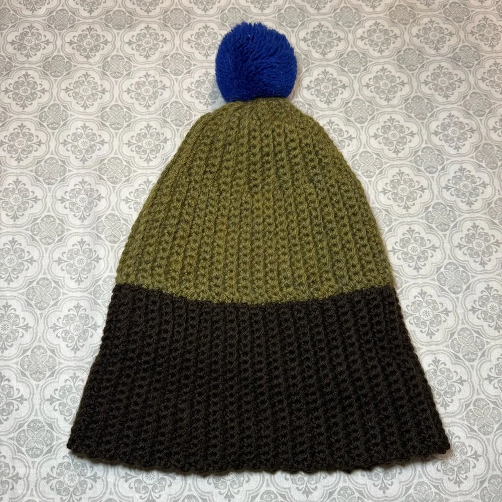 Yves Saint Laurent Olive and Brown Beanie with Blue Pom